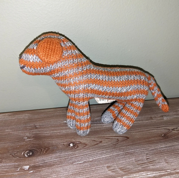 Knit BLA BLA KIDS PUPPY DOG RATTLE Plush Orange Gray Striped - Picture 2 of 6